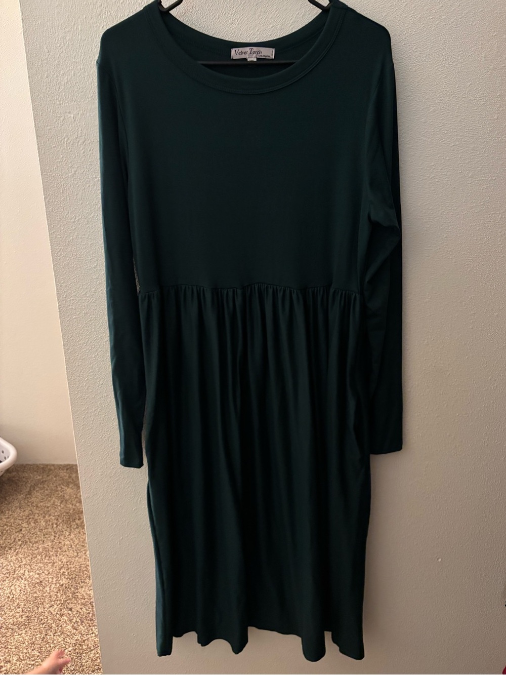 Velvet Torch Long Sleeve Forest Green Gathered Waist Dress